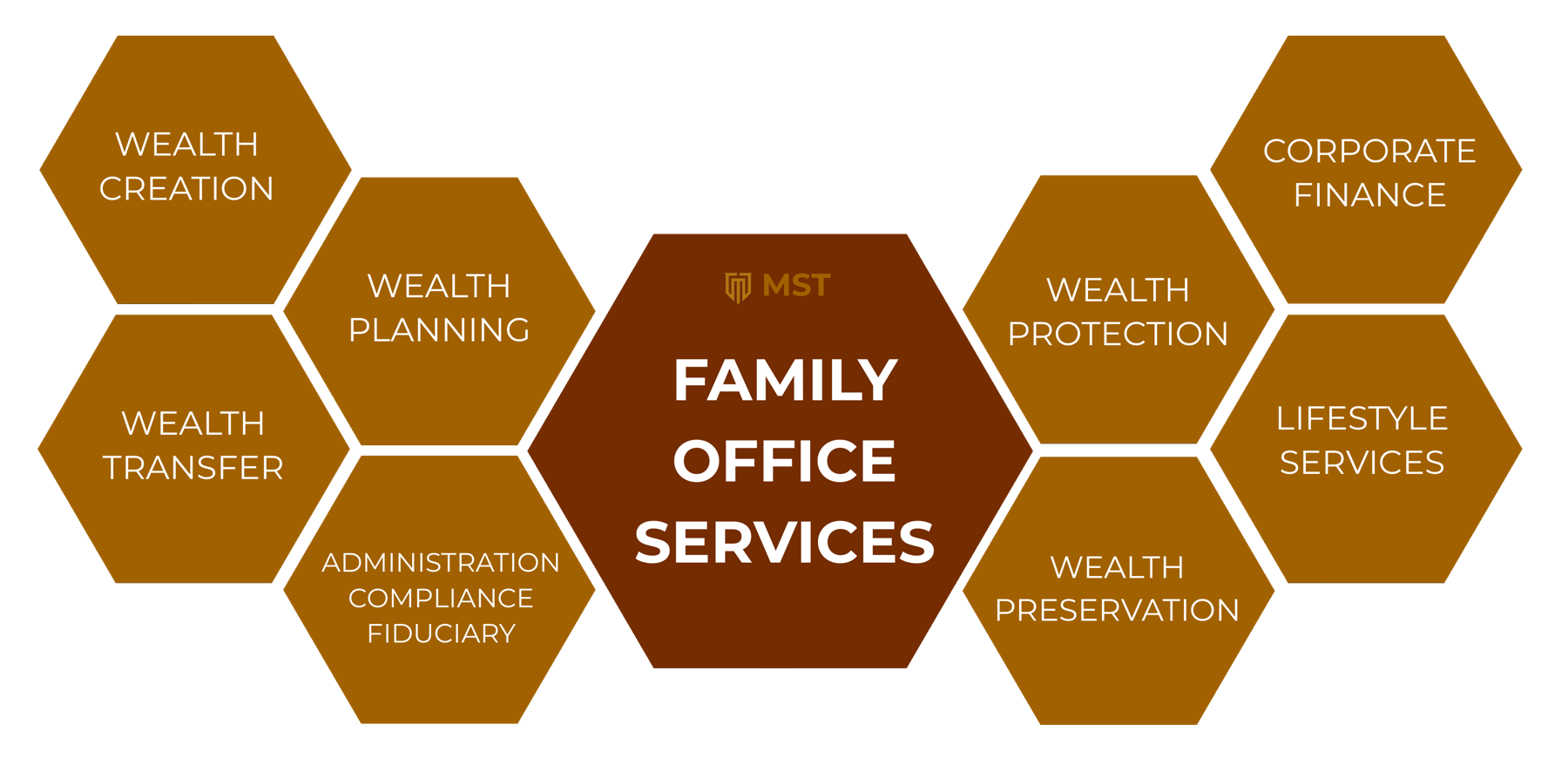 MST Holdings Single Family Office services: Wealth Creation, Wealth Planning, Wealth Transfer, Administration, Compliance and Fiduciary, Wealth Protection, Wealth Preservation, Lifestyle Services and Corporate Finance surrounding central Family Office Services.