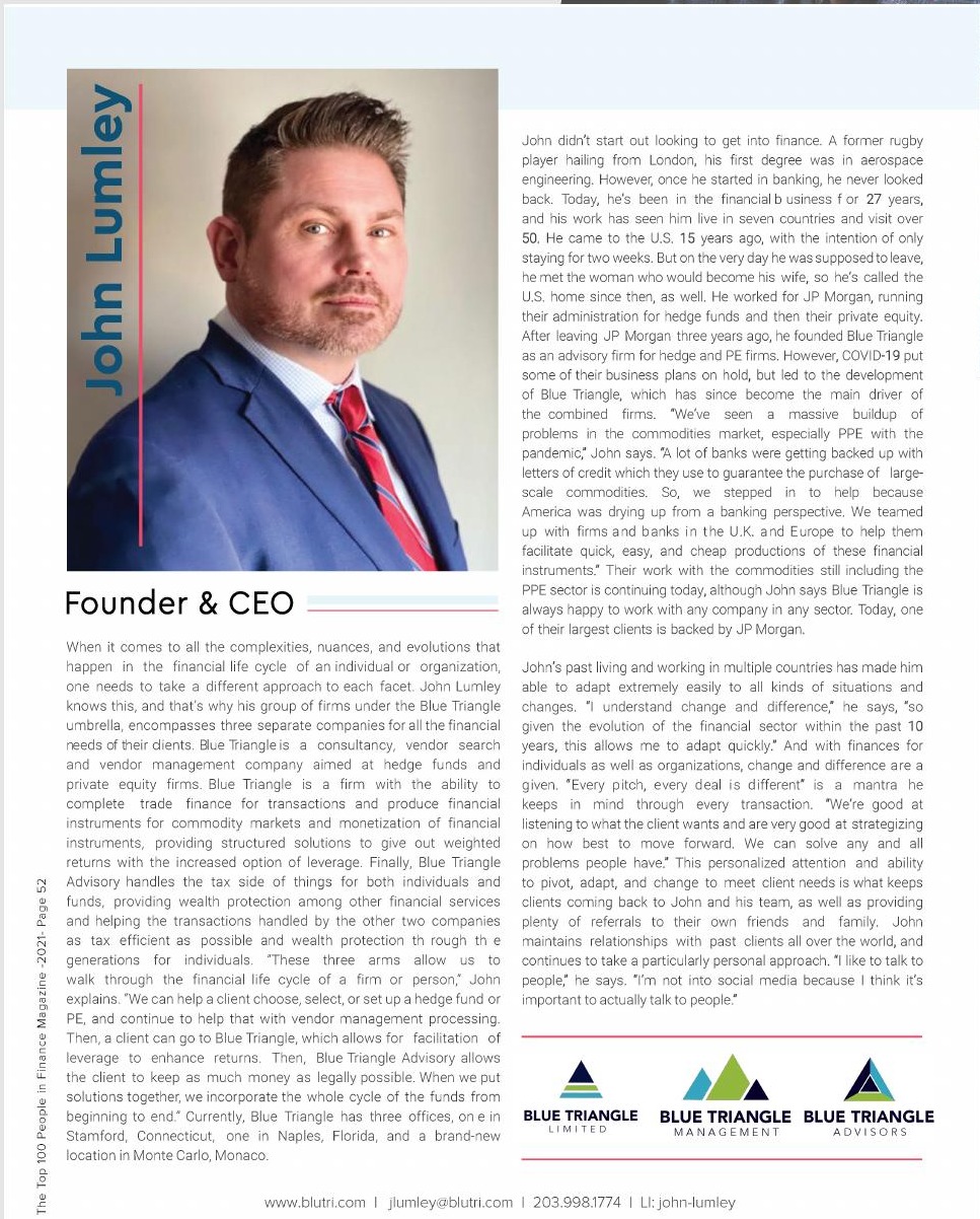 The Top 100 People in Finance 2021 Special Edition feature on John Lumley, Founder & CEO